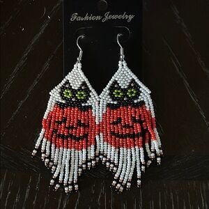 Beaded Cat & Pumpkin Earrings - Orange, Black, White